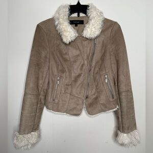 Topshop Taupe Faux-Suede Jacket with Cream Shearling Trim